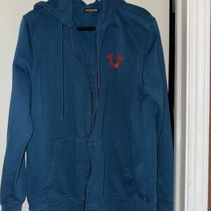 True Religion Denim Blue Zip-Up with Crimson Emblem